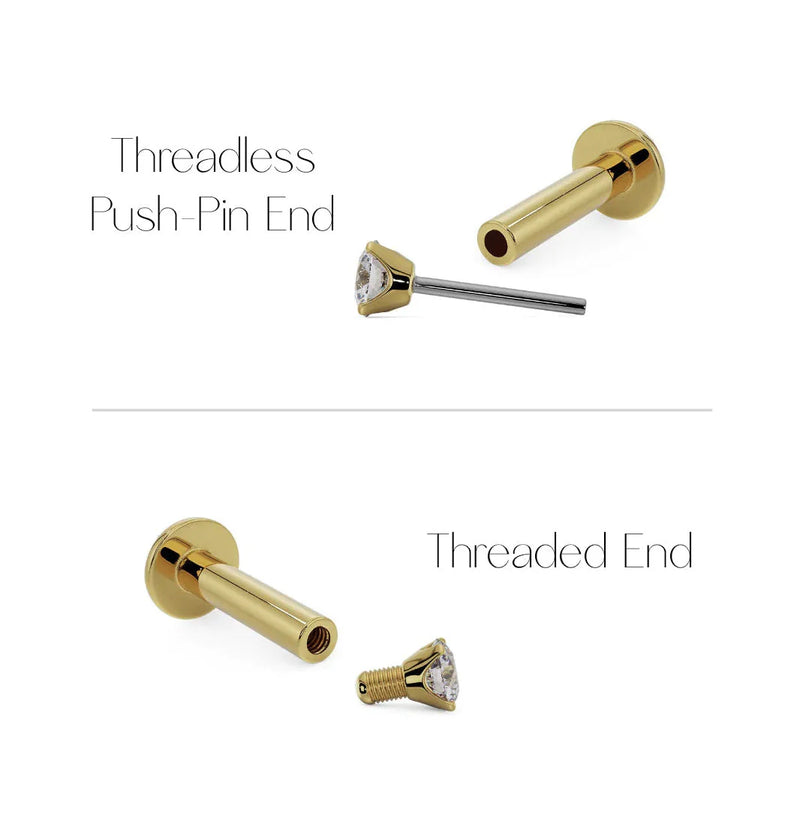 Diagram comparing threadless push-pin vs threaded flat back labret styles in 14k yellow gold