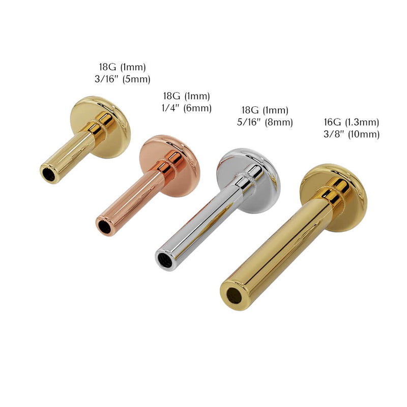 Size comparison chart of 14k gold flat back posts in 18G and 16G gauges from 3/16 inch to 3/8 inch lengths