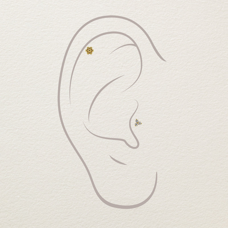 Illustrated ear diagram showing trinity diamond stud end placement at tragus and upper cartilage piercings