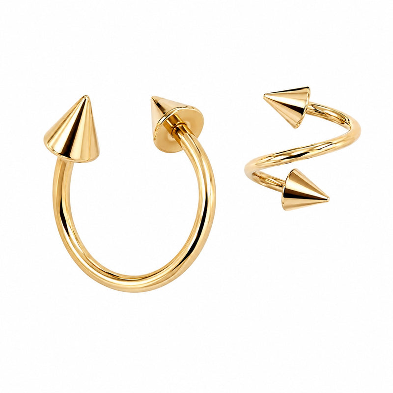 14K Yellow Gold Spike Twister Spiral Barbell with cone spike ends
