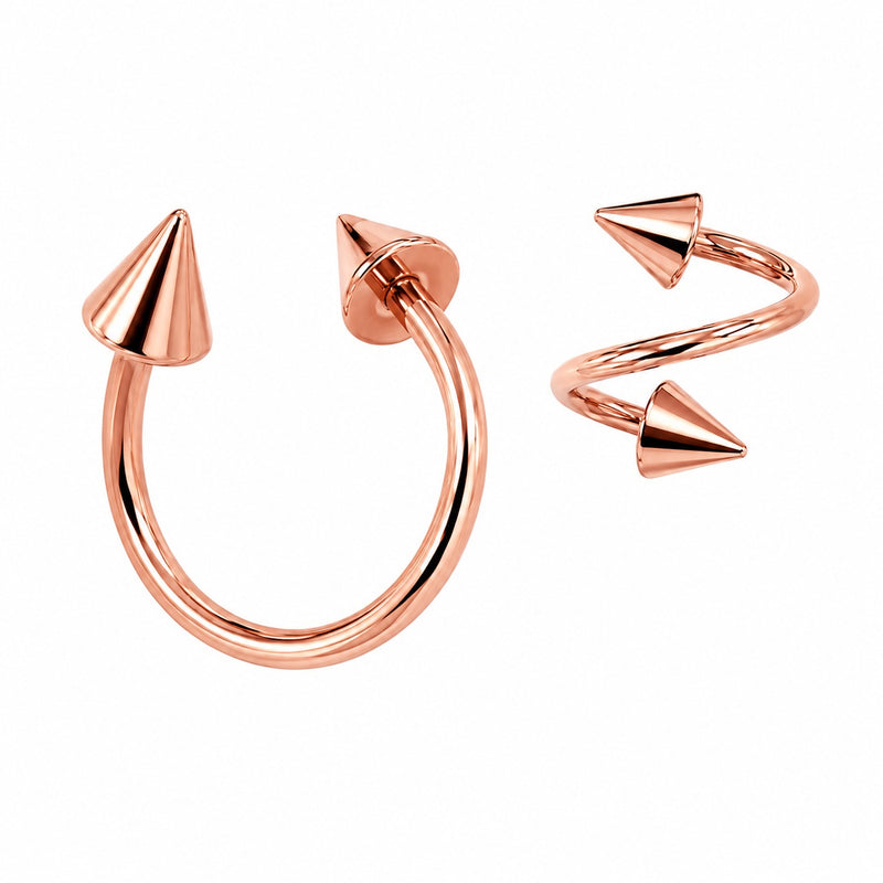 14K Rose Gold Spike Twister Spiral Barbell with cone spike ends