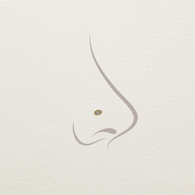 Illustration of 14k yellow gold milgrain marquise diamond end worn as a nose stud