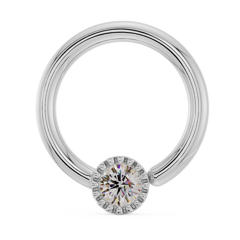 14k white gold diamond perlage fixed bead ring with milgrain bezel setting, front view