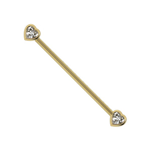 14k yellow gold industrial barbell with bezel-set white sapphire heart ends, full length view
