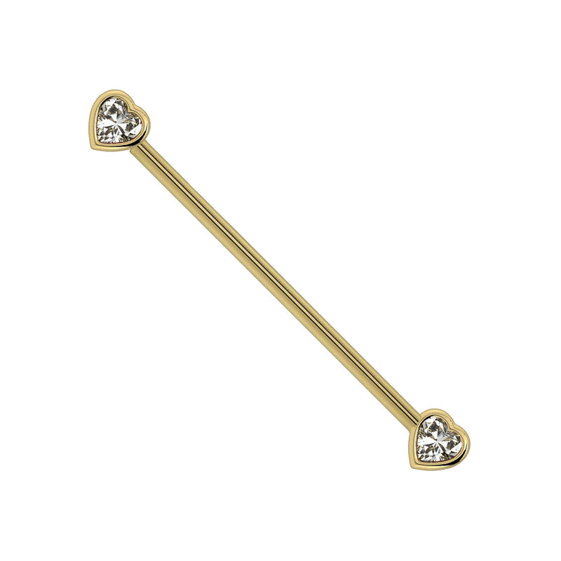 14k yellow gold industrial barbell with bezel-set white sapphire heart ends, full length view