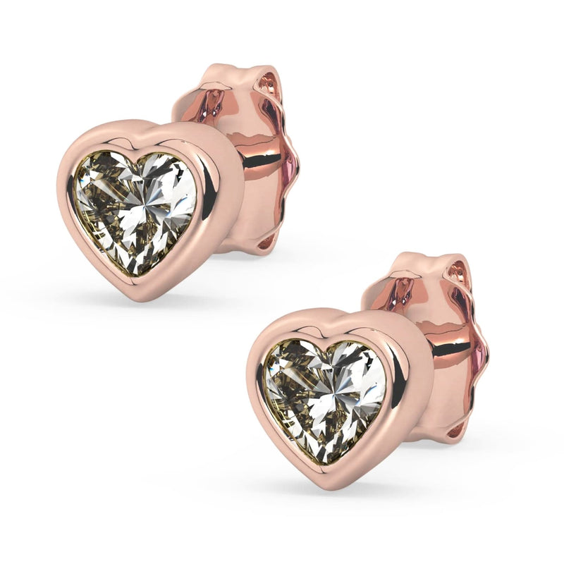 14k rose gold white sapphire heart stud earrings pair, product render with sparkling clear stones in rose gold