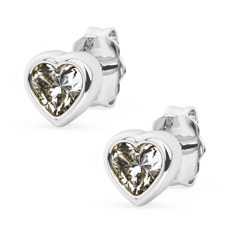 14k white gold white sapphire heart stud earrings pair, product render with brilliant clear stones in white bezels