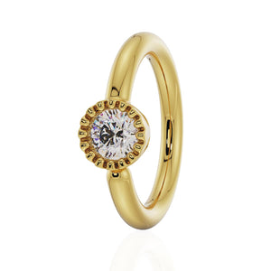 14k yellow gold diamond Perlage fixed bead ring with milgrain bezel setting, angled front view