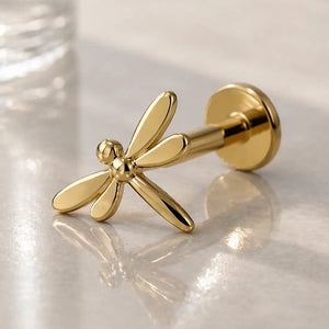 14k yellow gold dragonfly flat back labret stud with polished wings, angled lifestyle shot