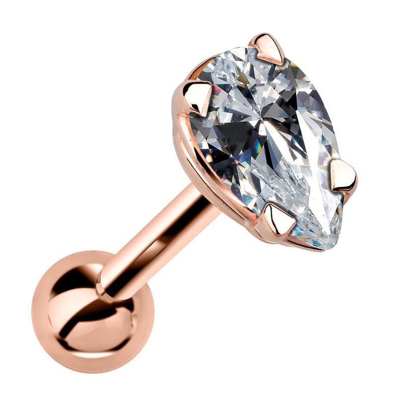 14k rose gold pear shaped diamond cartilage earring, angled product shot showing warm gold tone and setting