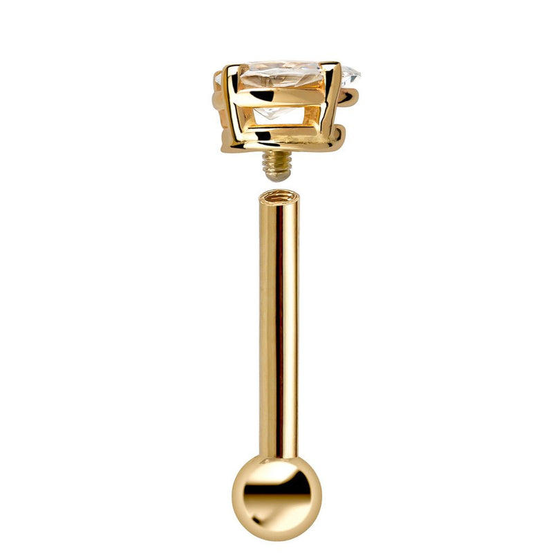Reverse view of 14k yellow gold pear diamond cartilage stud showing internally threaded post and ball back