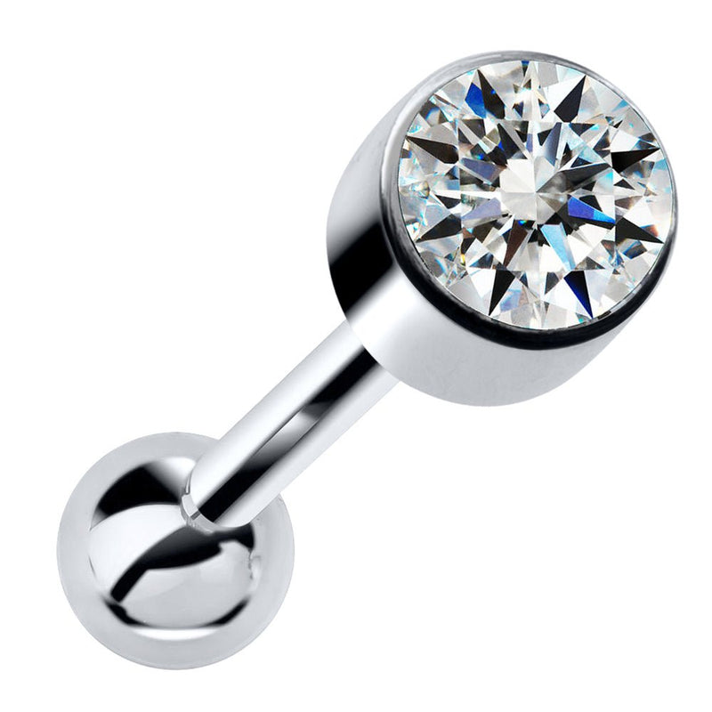 14k white gold bezel-set diamond cartilage stud earring with polished ball backing, front view