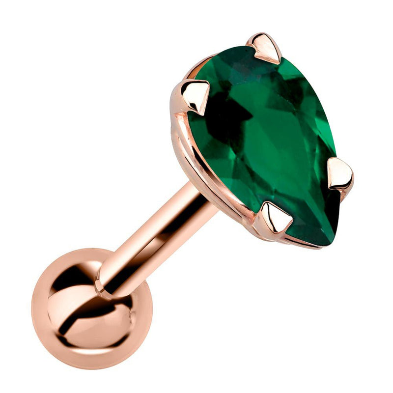 14k rose gold cartilage stud with pear-cut rich green emerald gemstone in 4-prong setting, angled view