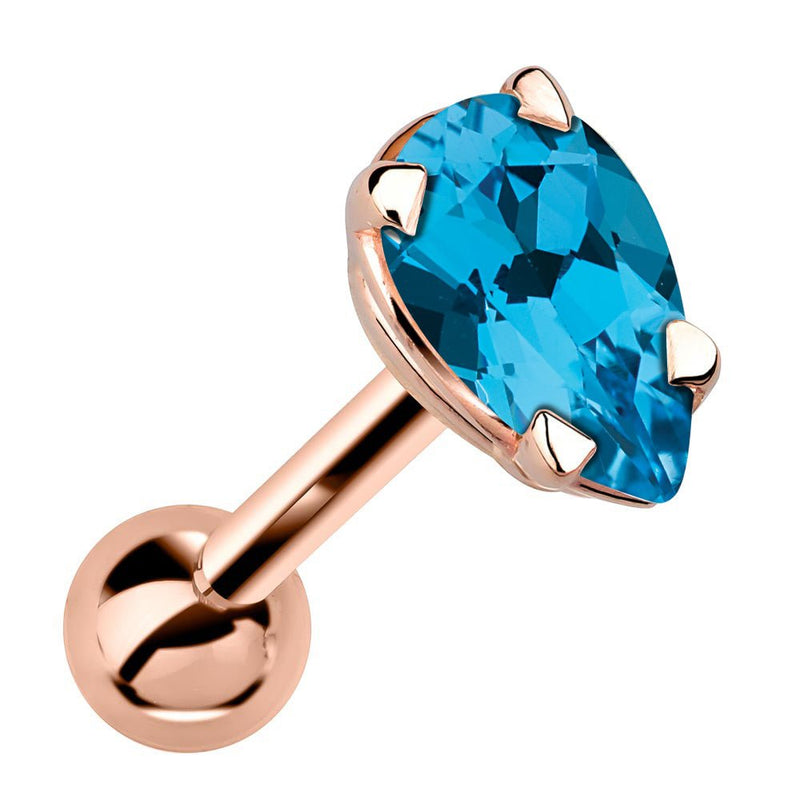 14k rose gold cartilage stud with pear-cut teal blue topaz gemstone in 4-prong setting, angled view