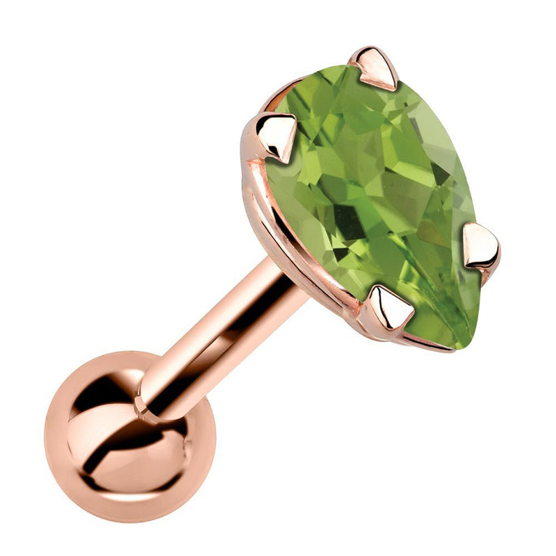14k rose gold cartilage stud with pear-cut lime green peridot gemstone in 4-prong setting, angled view