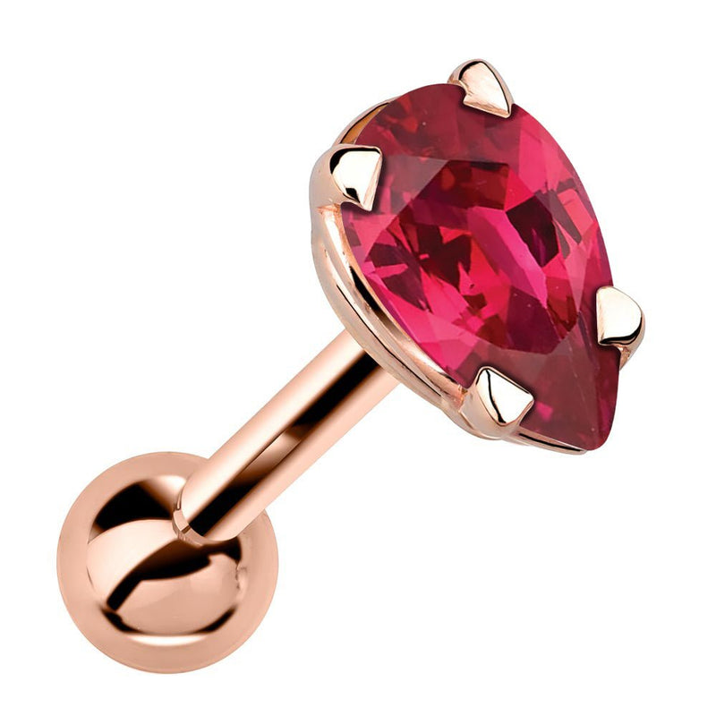14k rose gold cartilage stud with pear-cut vivid pink ruby gemstone in 4-prong setting, angled view
