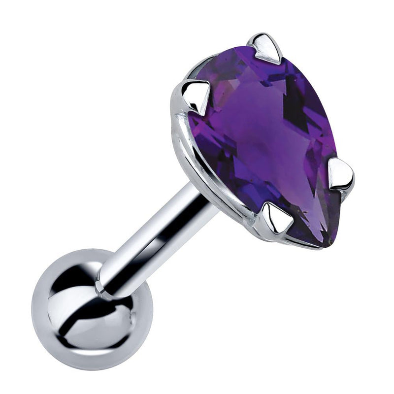 14k white gold cartilage stud with pear-cut deep purple amethyst gemstone in 4-prong setting, angled view