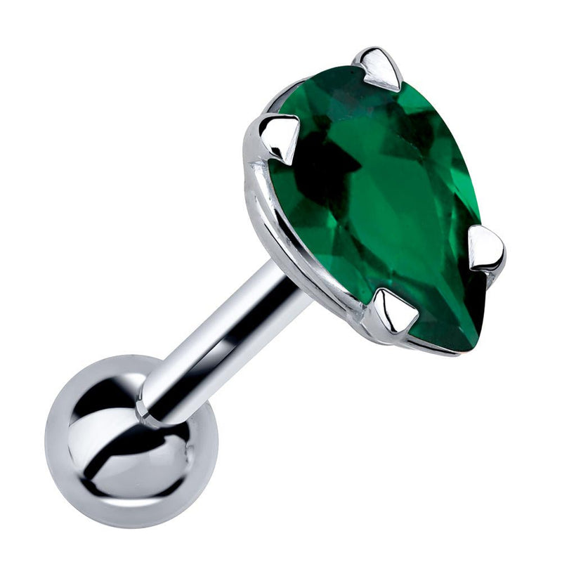 14k white gold cartilage stud with pear-cut rich green emerald gemstone in 4-prong setting, angled view