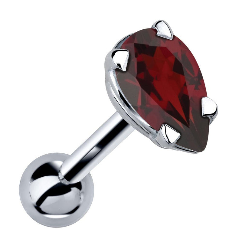 14k white gold cartilage stud with pear-cut deep red garnet gemstone in 4-prong setting, angled view