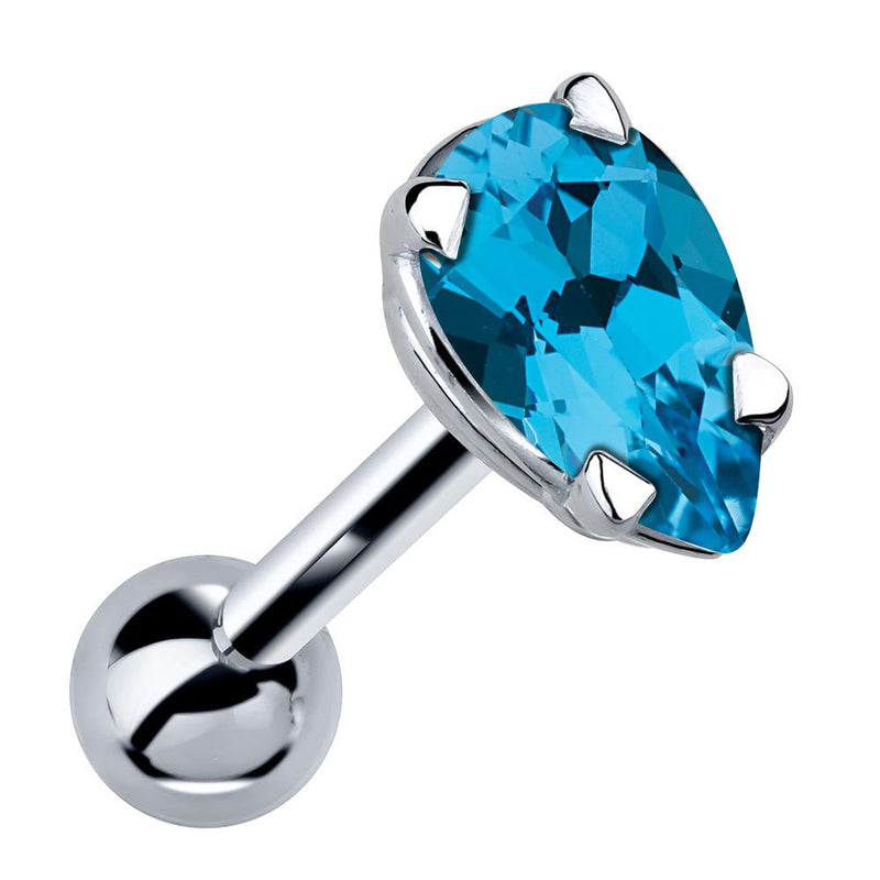 14k white gold cartilage stud with pear-cut teal blue topaz gemstone in 4-prong setting, angled view