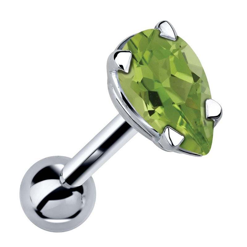 14k white gold cartilage stud with pear-cut lime green peridot gemstone in 4-prong setting, angled view