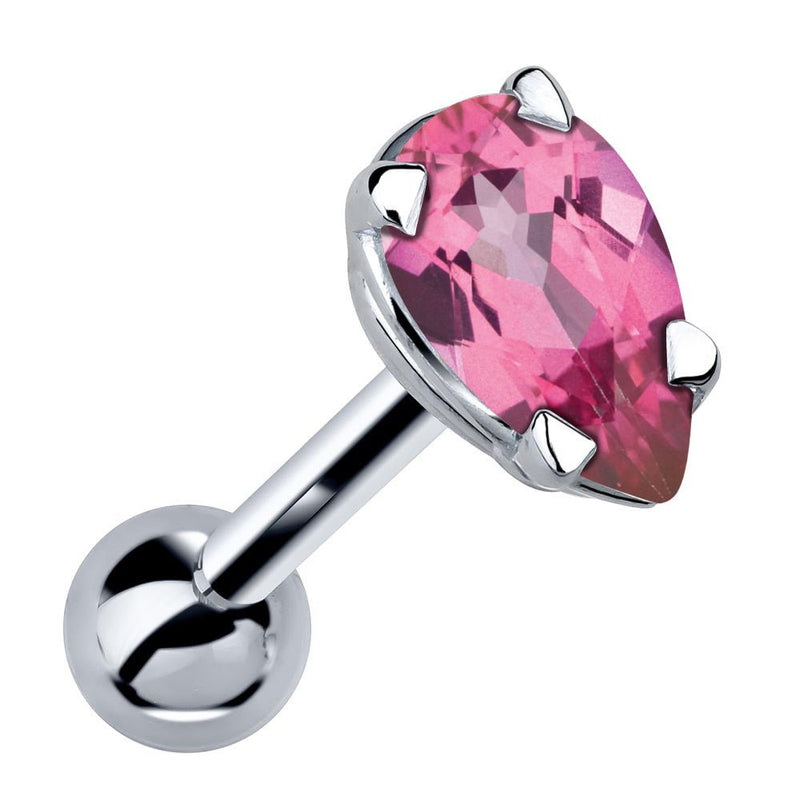 14k white gold cartilage stud with pear-cut pink tourmaline gemstone in 4-prong setting, angled product view