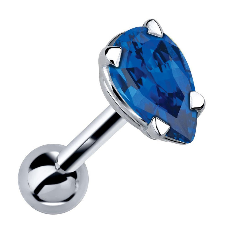 14k white gold cartilage stud with pear-cut blue sapphire gemstone in 4-prong setting, angled view