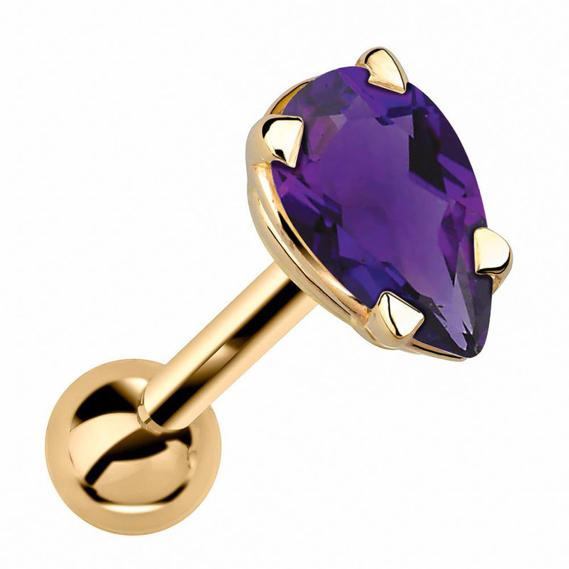 14k yellow gold cartilage stud with pear-cut deep purple amethyst gemstone in 4-prong setting, angled view