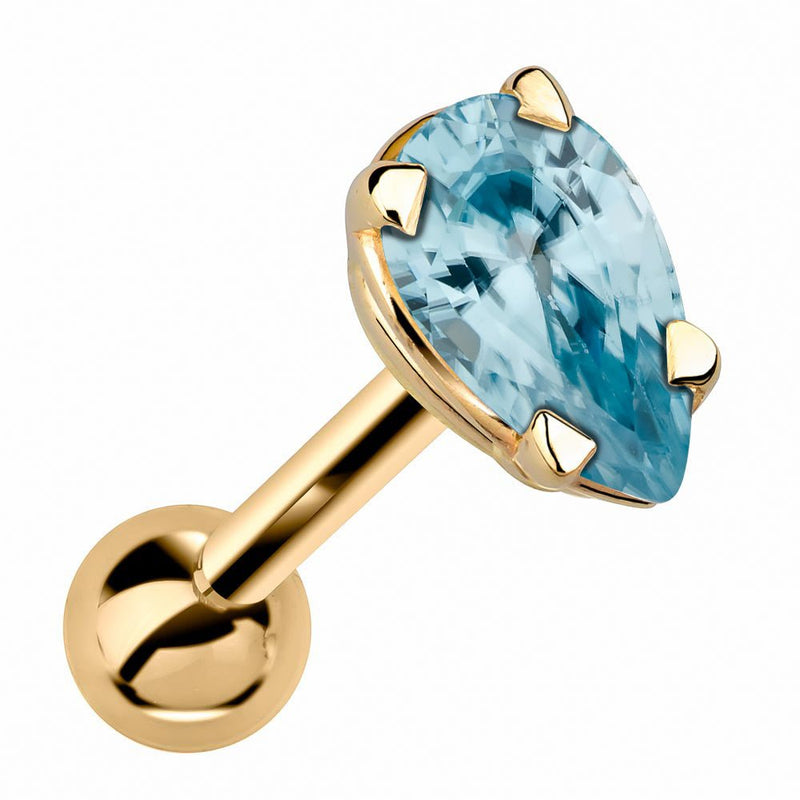 14k yellow gold cartilage stud with pear-cut light blue aquamarine gemstone in 4-prong setting, angled view