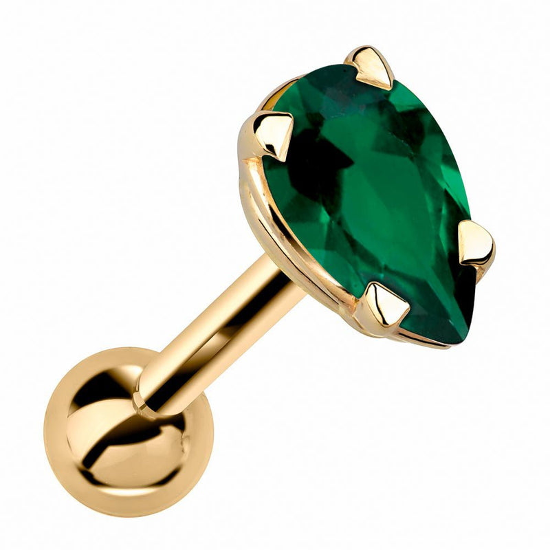 14k yellow gold cartilage stud with pear-cut emerald gemstone in 4-prong basket setting, angled product view