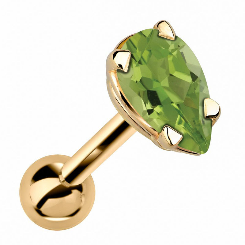 14k yellow gold cartilage stud with pear-cut lime green peridot gemstone in 4-prong basket setting, angled view