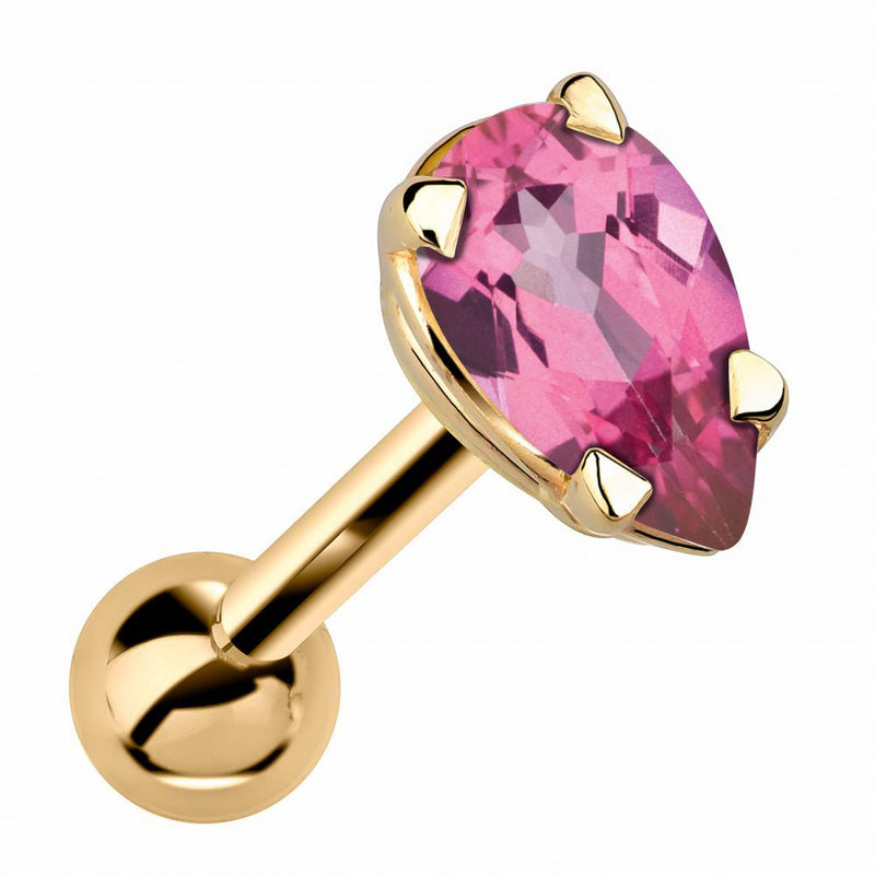14k yellow gold cartilage stud with pear-cut pink tourmaline gemstone in 4-prong basket setting, angled view