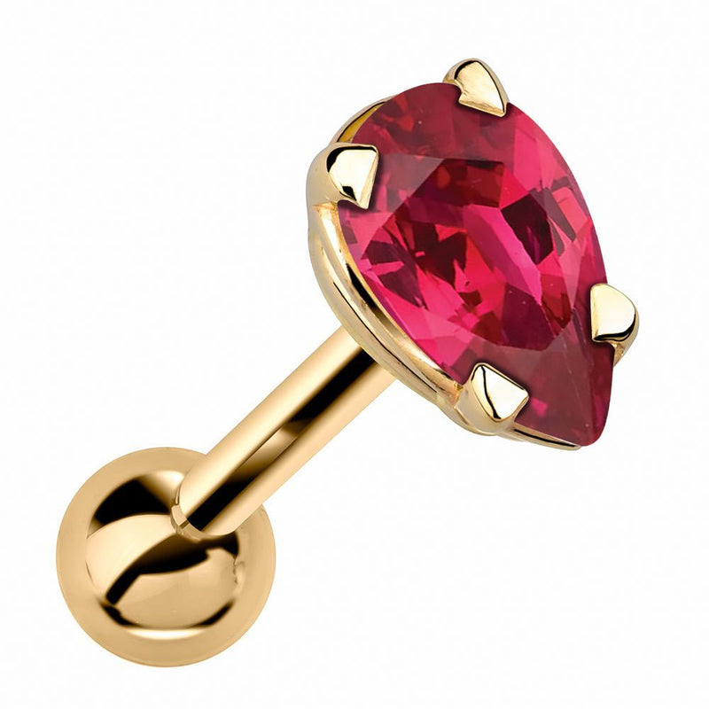 14k yellow gold cartilage stud with pear-cut vivid pink ruby gemstone in 4-prong basket setting, angled view