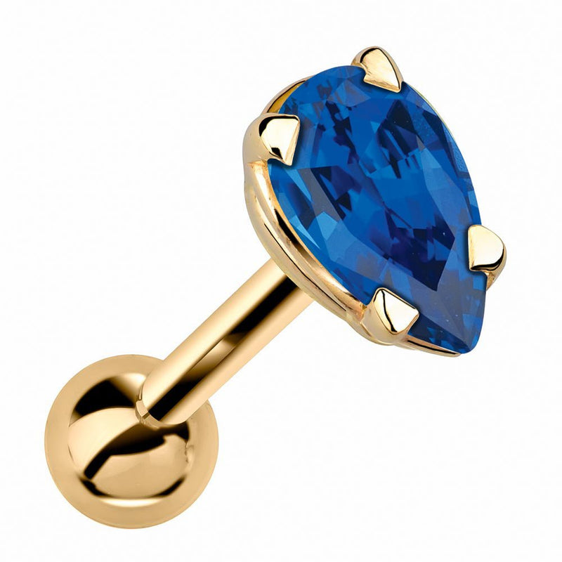 14k yellow gold cartilage stud with pear-cut blue sapphire gemstone in 4-prong basket setting, angled view