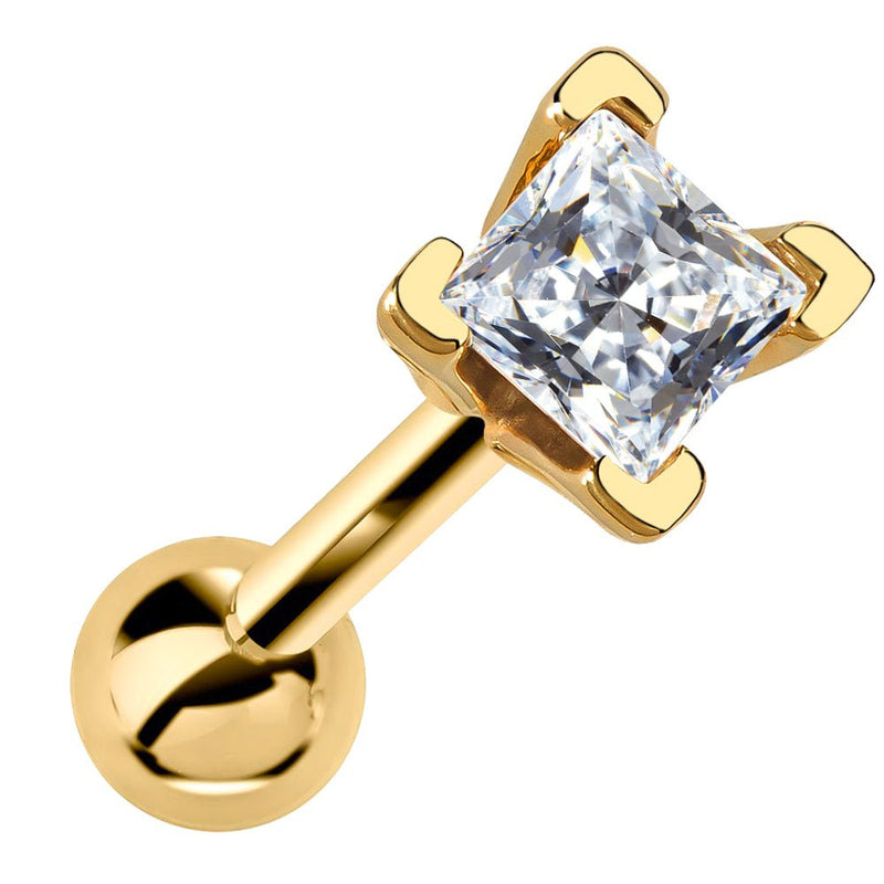 3mm princess cut diamond cartilage stud in 14k yellow gold, four-prong setting, white background
