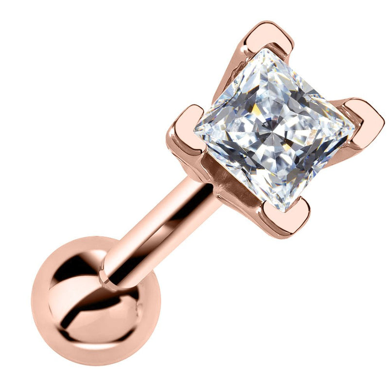 3mm princess cut diamond cartilage stud in 14k rose gold, four-prong setting, angled front view