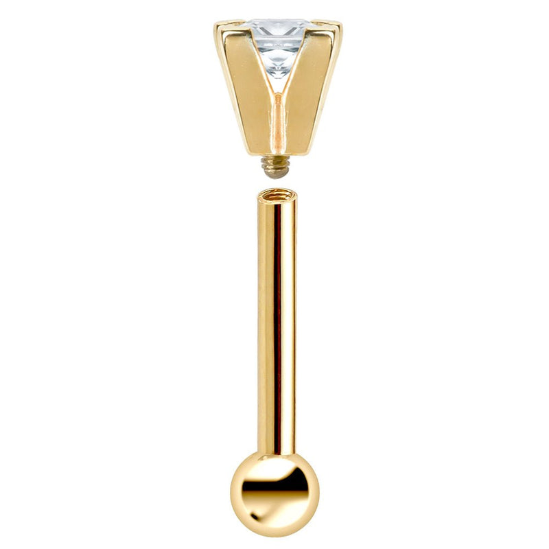 Exploded view of 14k yellow gold cartilage stud showing threaded post and princess cut diamond top