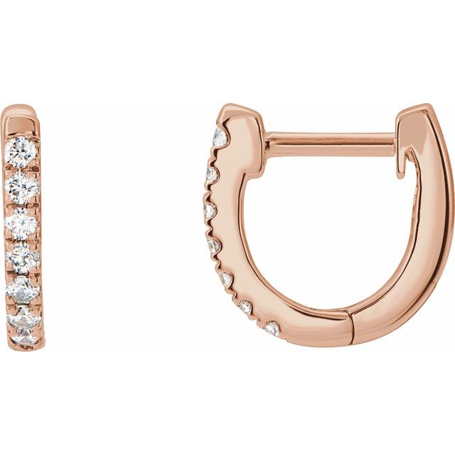 14k rose gold diamond huggie hoop earring pair showing front and angled side profile