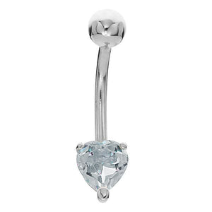 14k white gold heart CZ navel ring with clear heart-shaped solitaire and polished gold ball top