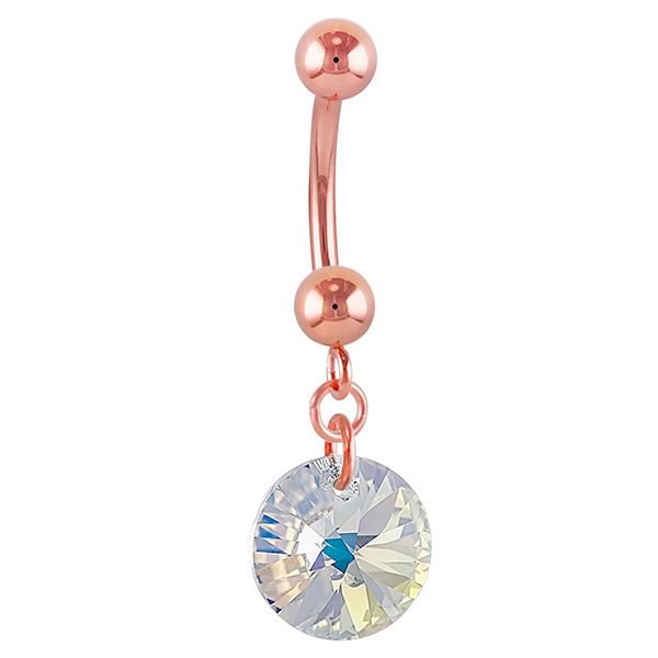 14k rose gold dangle belly ring with aurora borealis rivoli Swarovski crystal, front view