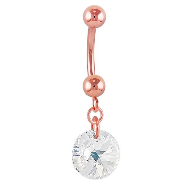 14k rose gold belly ring with clear rivoli Swarovski crystal dangle, front view