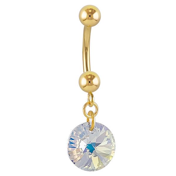 14k yellow gold dangle belly ring featuring aurora borealis rivoli Swarovski crystal charm