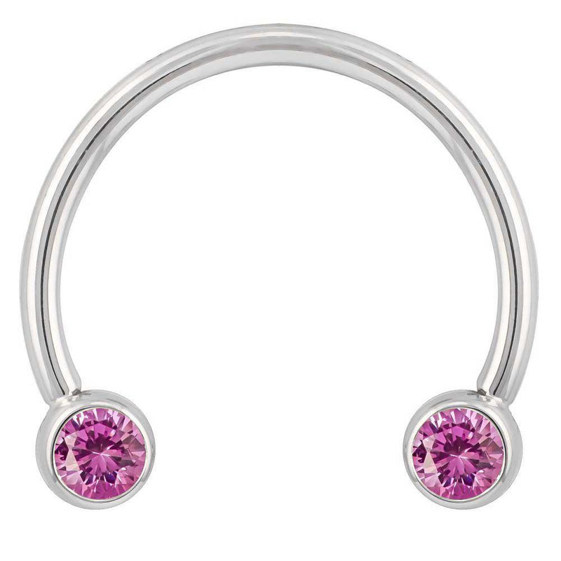 14k white gold circular barbell with pink CZ bezel ends, smaller diameter front view