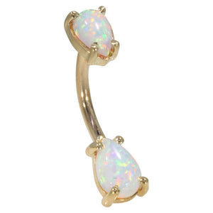 14k yellow gold opal navel ring with dual pear-shaped Australian opal cabochons in prong settings