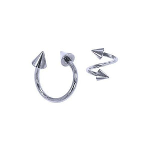 14K white gold spike twister spiral barbell displaying both horseshoe and spiral wrap styles