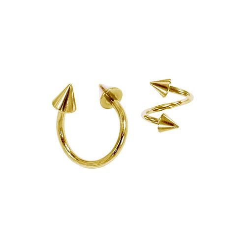 14K yellow gold spike twister spiral barbell showing horseshoe and spiral styles with cone ends