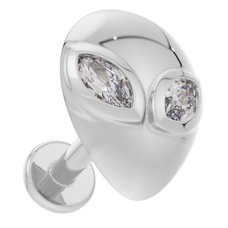 14K white gold alien flat back earring showing side profile with flat back post and diamond eyes