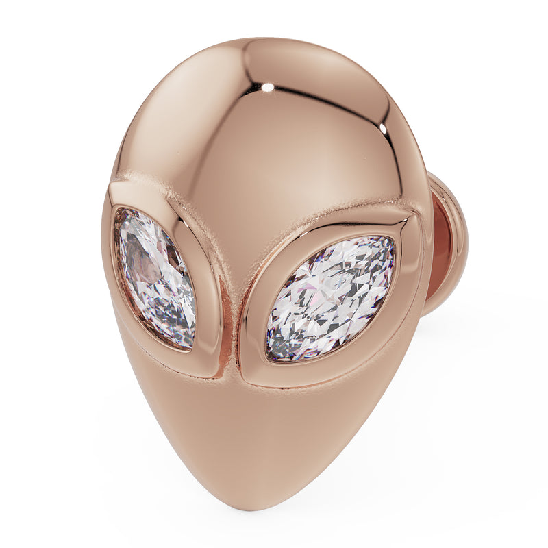 14K rose gold alien flat back earring with marquise diamond eyes, angled close-up view