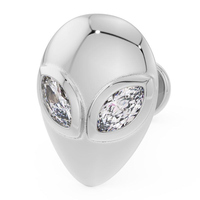 14K white gold alien flat back earring with marquise diamond eyes, angled close-up view