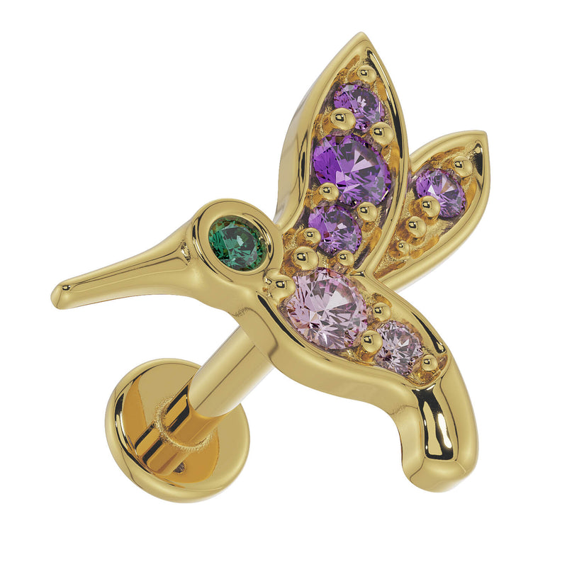 14K yellow gold hummingbird labret showing flat back post and disc from slight side angle